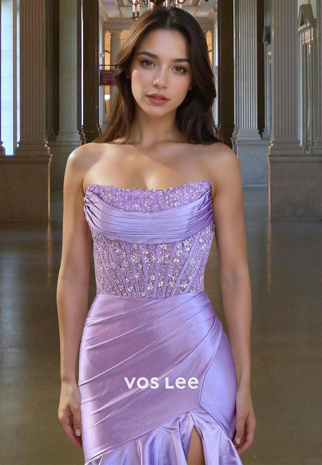 Modest Sheath Strapless Glitter Tiered Satin Sweep Train Prom Graduation Dress