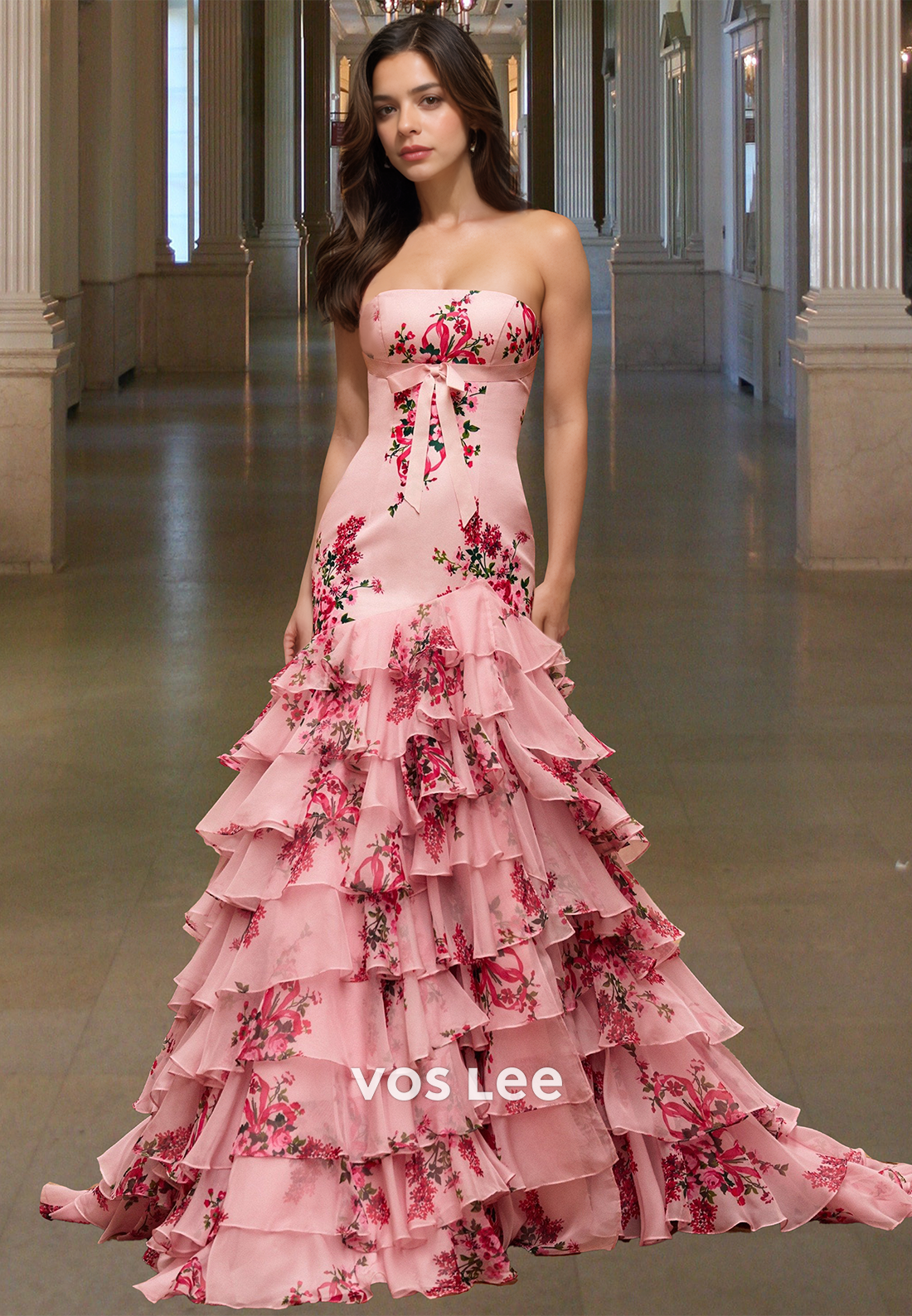 Elegant Trumpet Strapless Back Zipper Tiered Satin Swep Train Prom Evening Dress