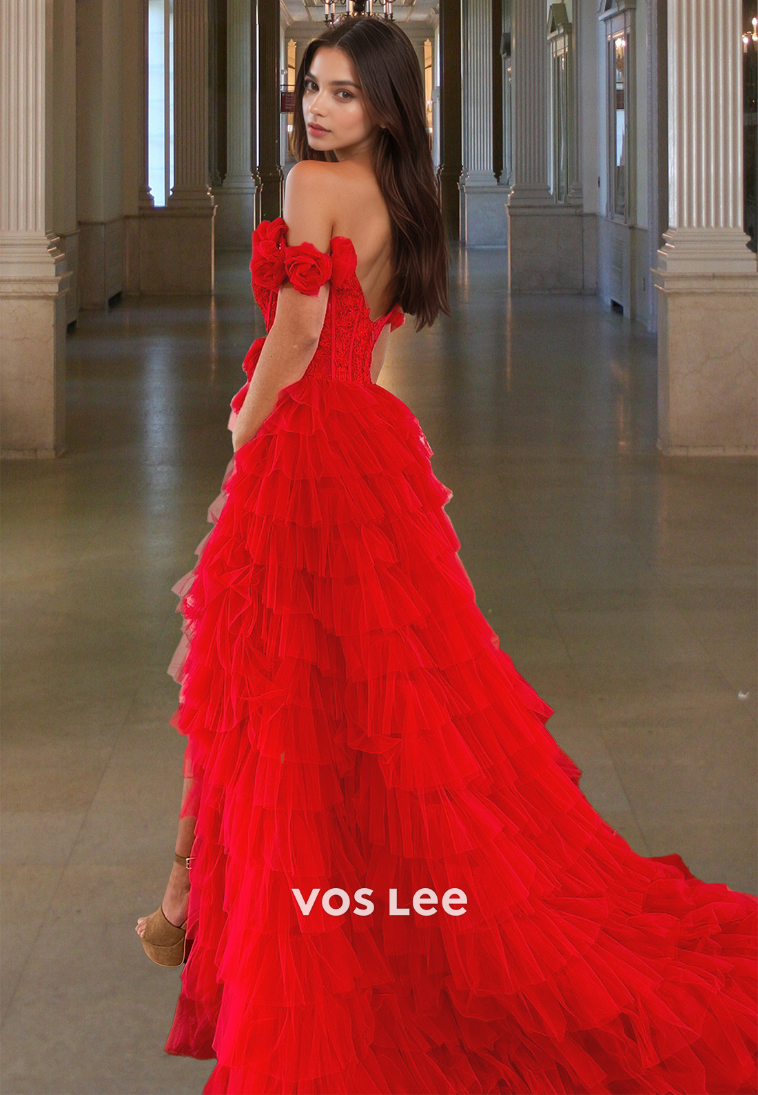 Charming A-Line Off Shoulder Back Zipper Lace Tiered Tulle Prom Evening Dress