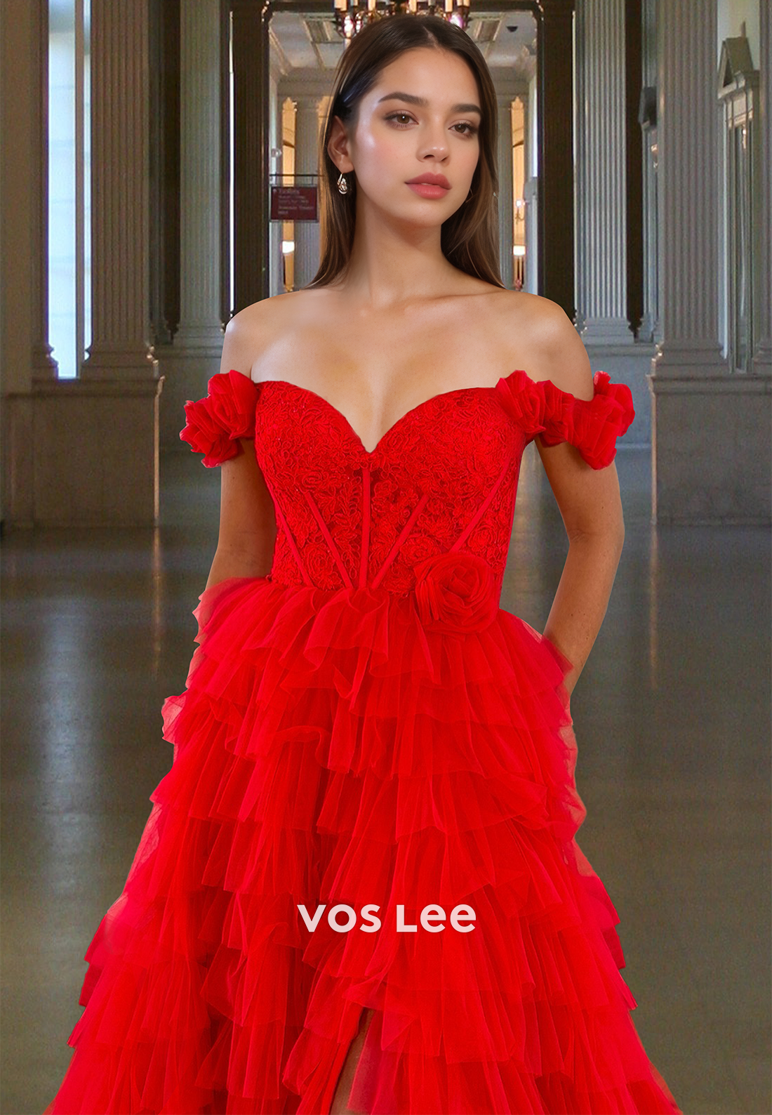 Charming A-Line Off Shoulder Back Zipper Lace Tiered Tulle Prom Evening Dress