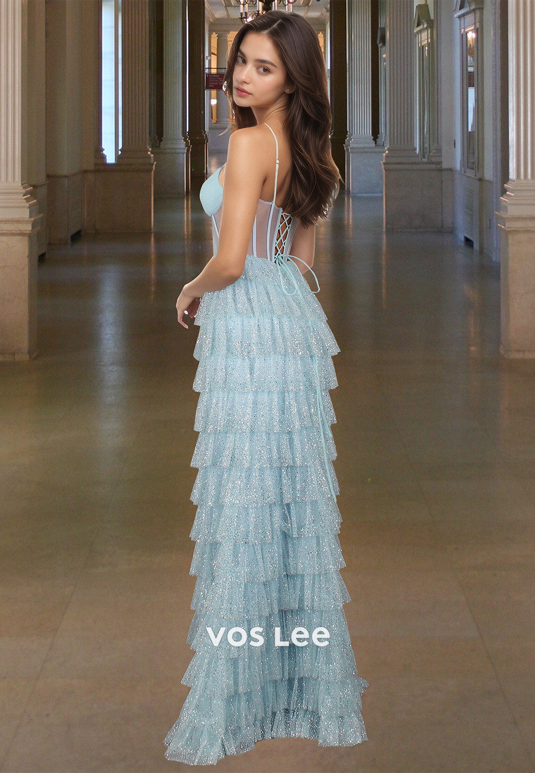 Sexy Tiered Sheath Tulle Spaghetti Straps Evening Dress Quinceanera Prom Gown