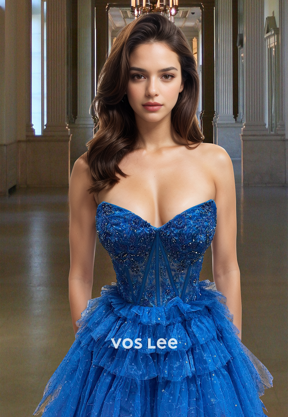 Blue V-Neck Tiered A-Line Tulle Prom Dress Quinceanera Homecoming Ball Gown