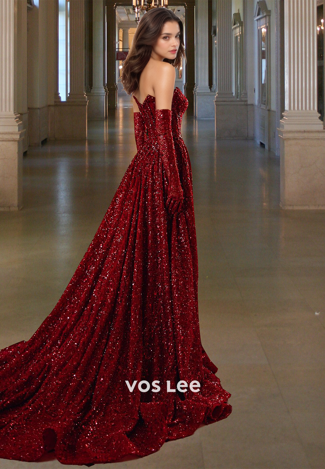 Glitter Sequined Dark Red V-Neck A-Line with Slit Formal Evening Dress Prom Gown