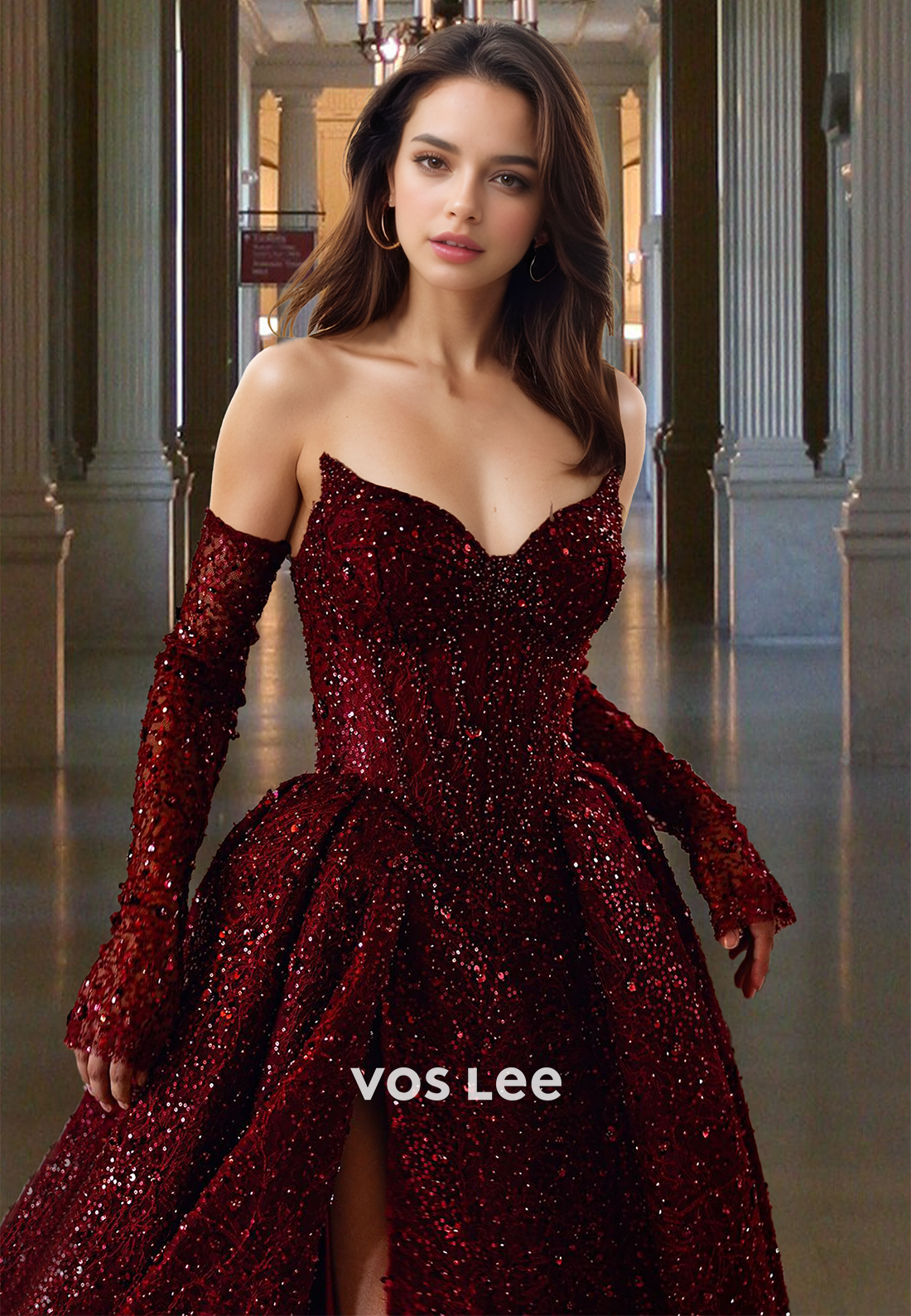 Glitter Sequined Dark Red V-Neck A-Line with Slit Formal Evening Dress Prom Gown