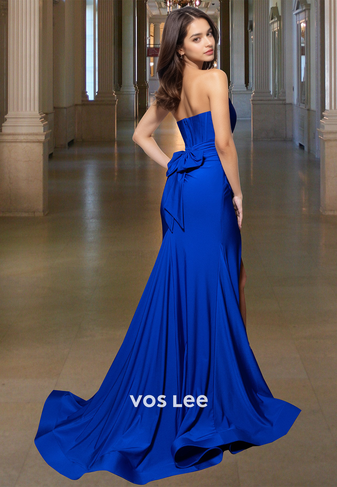 Chic Bateau Empire Mermaid with Slit Strapless Satin Formal Evening Dress