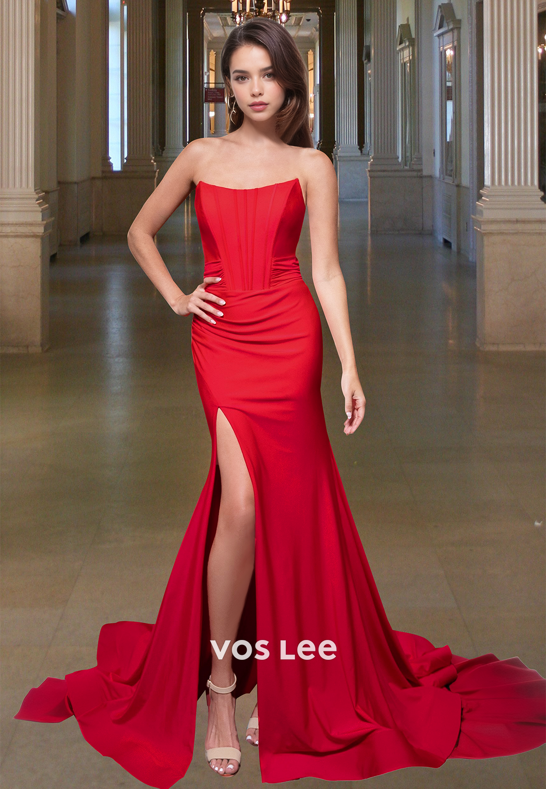 Chic Bateau Empire Mermaid with Slit Strapless Satin Formal Evening Dress