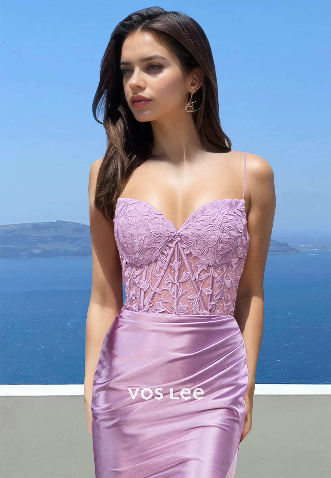 Elegant Column Sweetheart Lace Appliques Spaghetti Straps Prom Graduation Dress