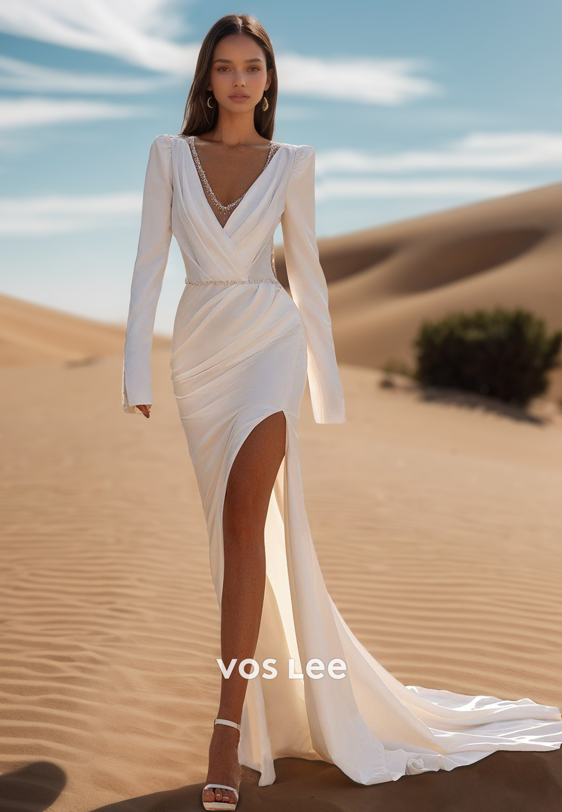 V-Neckline Long Sleeves Rhinestone Ruched Mermaid Wedding Dresses with Side Slit