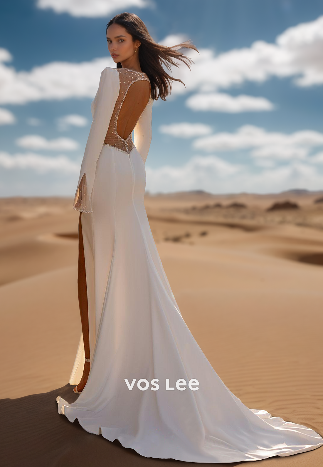 V-Neckline Long Sleeves Rhinestone Ruched Mermaid Wedding Dresses with Side Slit