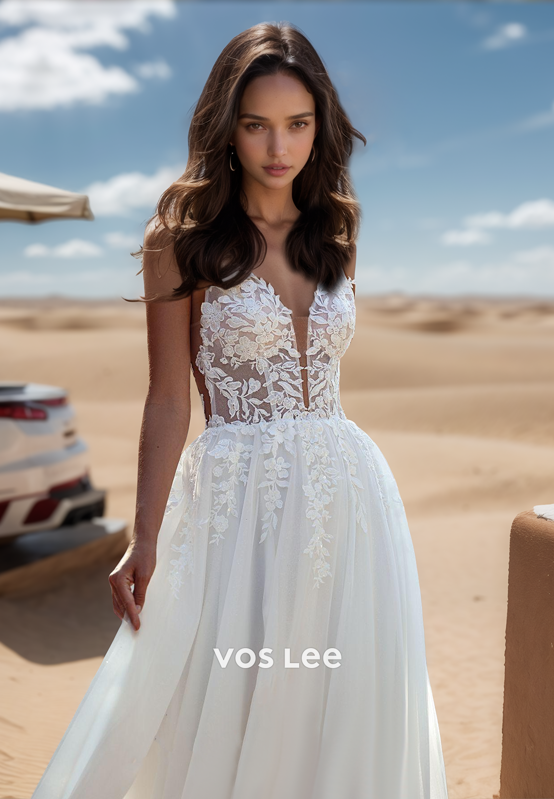A-Line Deep V-Neck Lace Applique Couture Wedding Dresses with Train