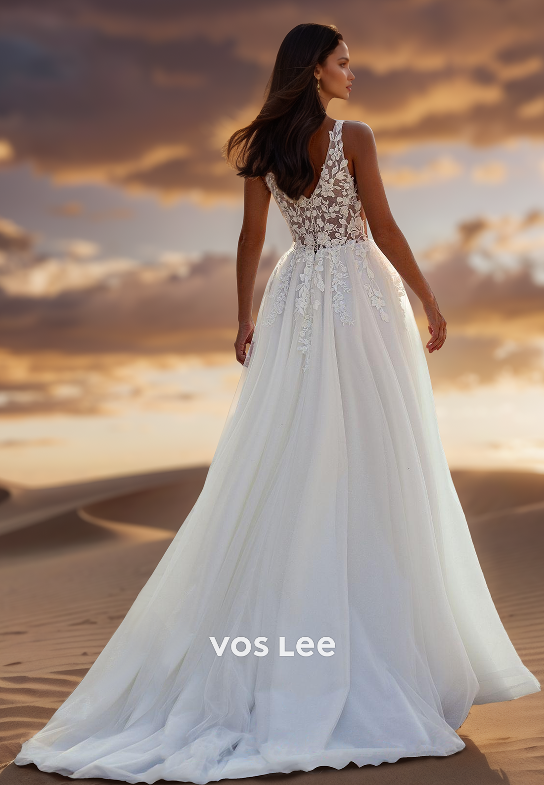 A-Line Deep V-Neck Lace Applique Couture Wedding Dresses with Train