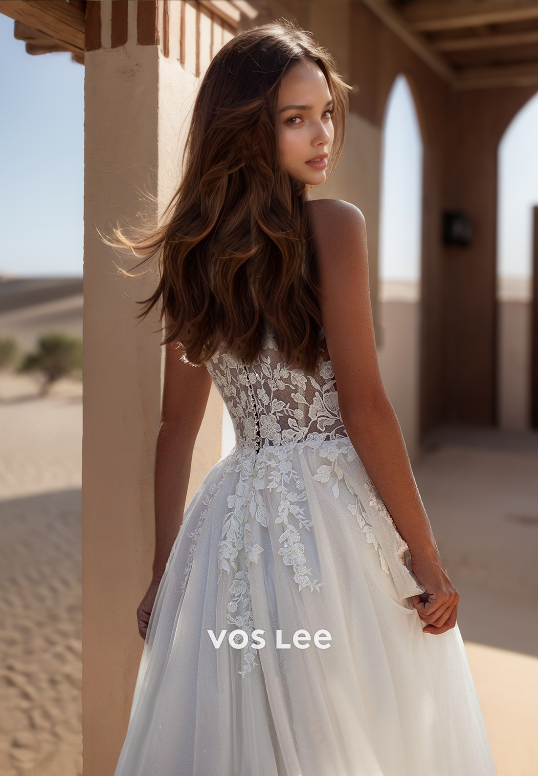 A-Line Deep V-Neck Lace Applique Couture Wedding Dresses with Train