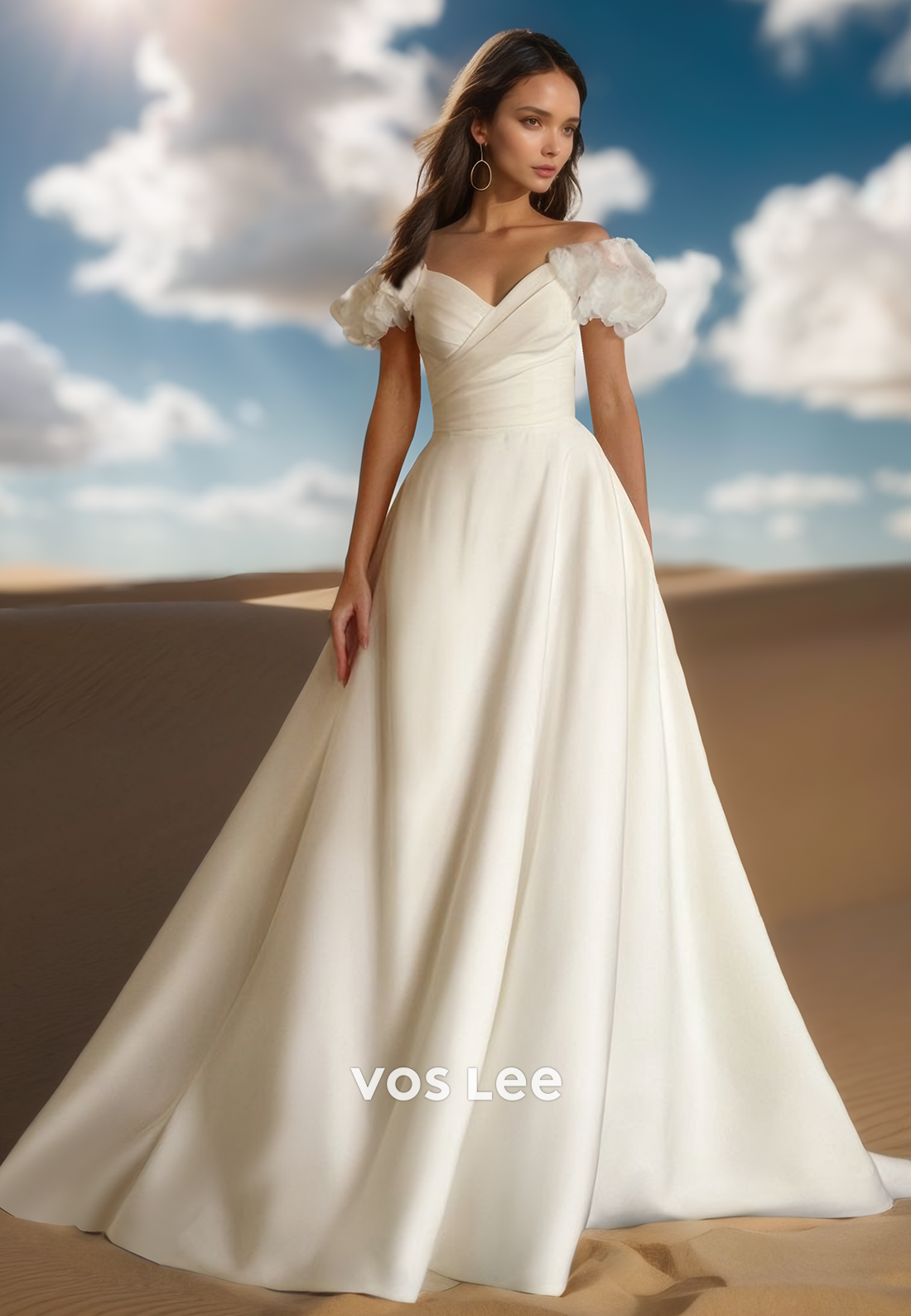 New Short Sleeves V Neck Wedding Dress Stunning Tulle A-Line Bride Gown