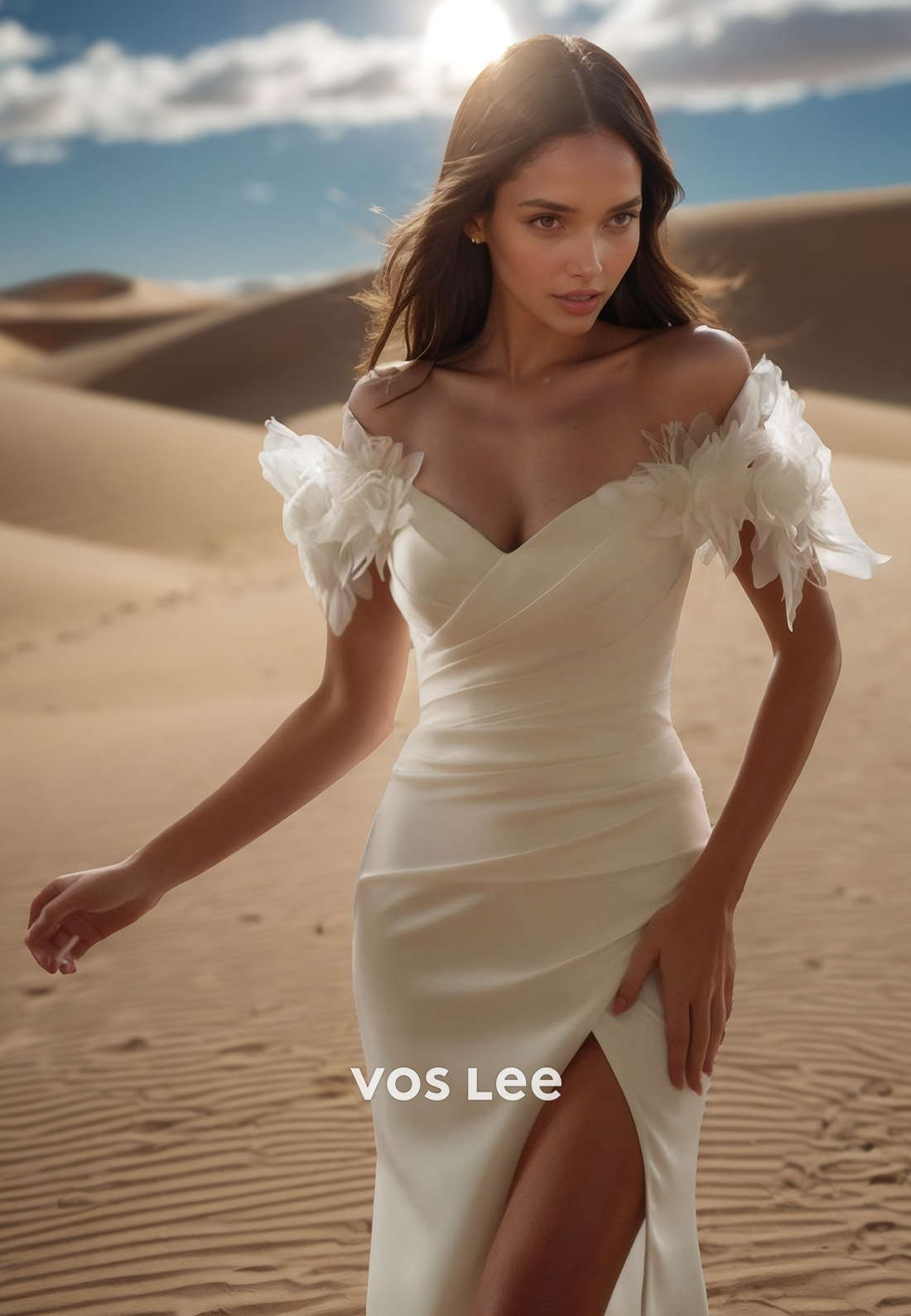Classy V-Neck Short Sleeves Sheath with Slit Wedding Dress Bride Gown