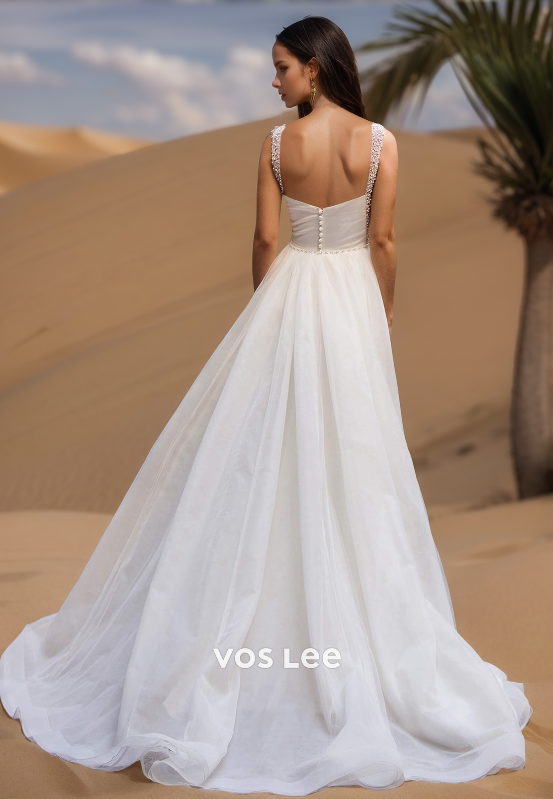 Beaded Spaghetti Straps Square A-Line with Slit Bride Wedding Dress Bridal Gown