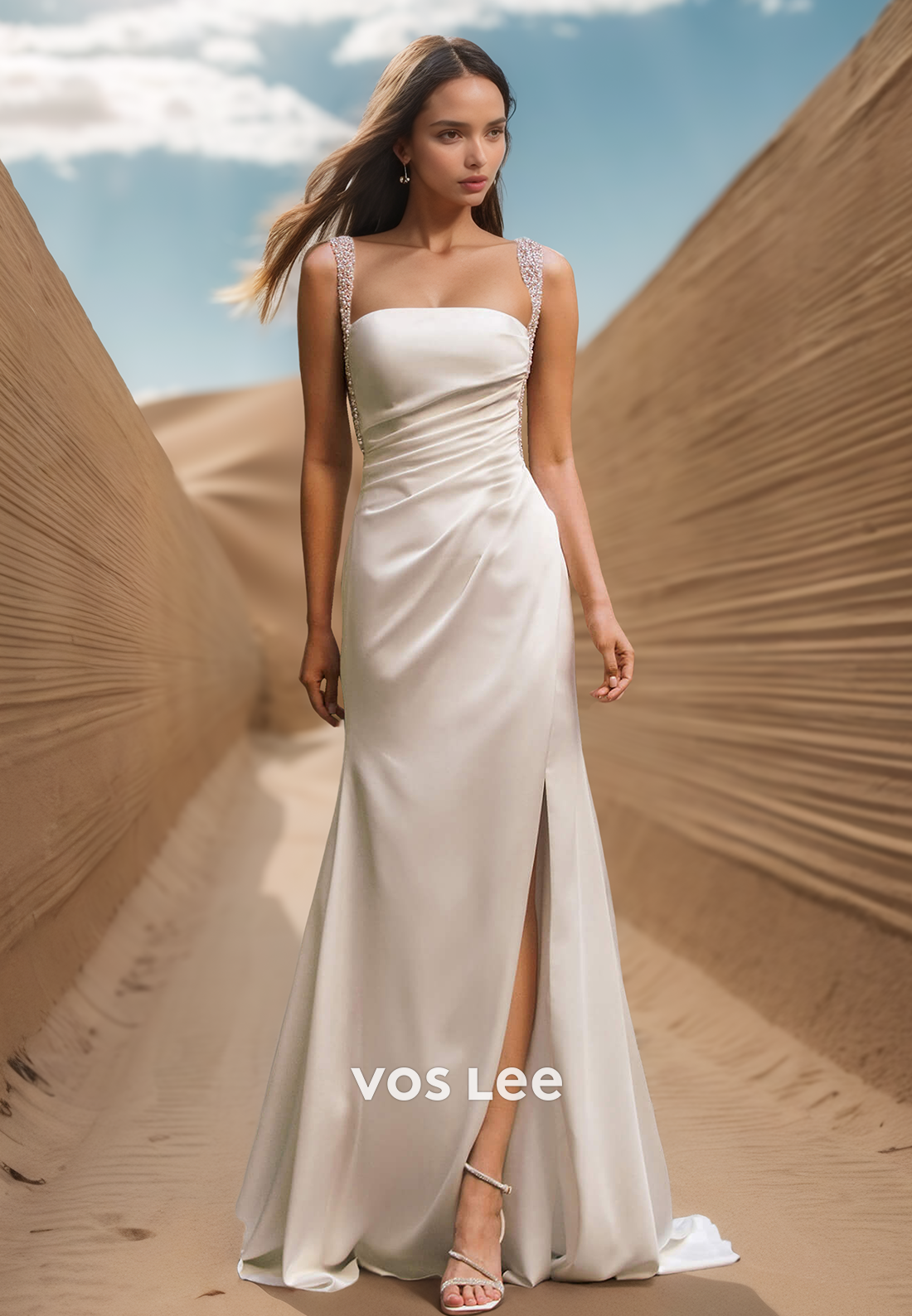 Beaded Spaghetti Straps Square A-Line with Slit Bride Wedding Dress Bridal Gown