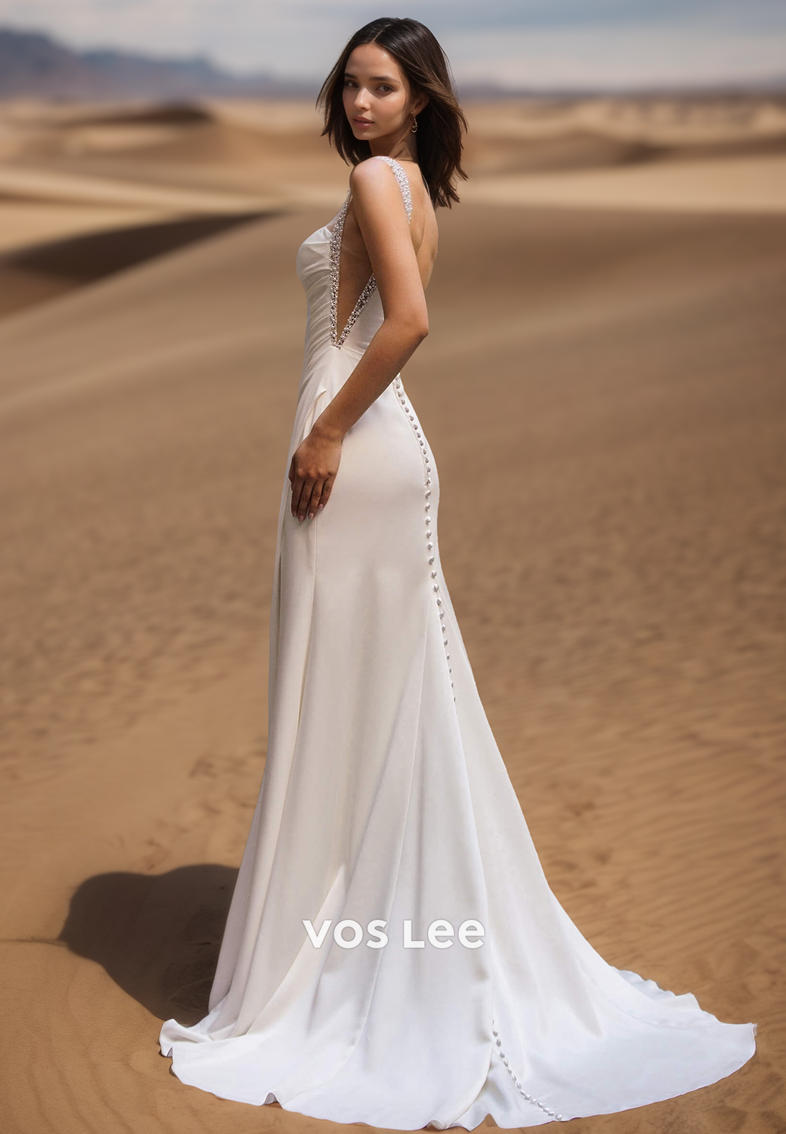 Beaded Spaghetti Straps Square A-Line with Slit Bride Wedding Dress Bridal Gown