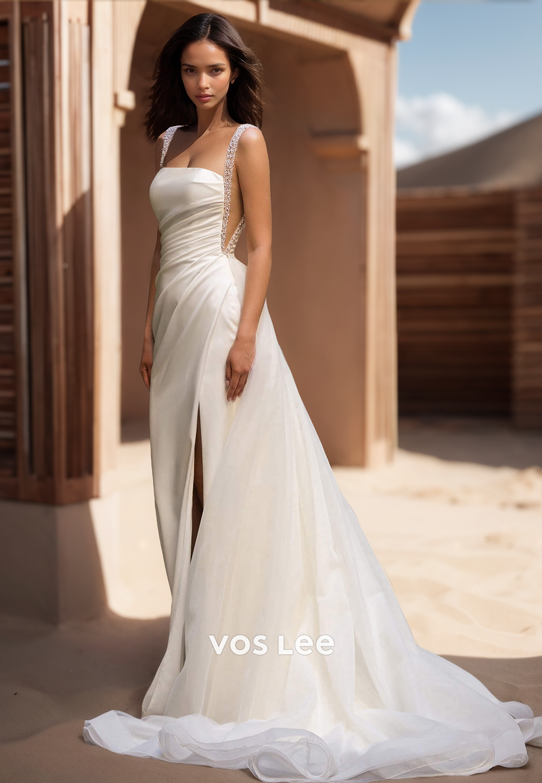 Beaded Spaghetti Straps Square A-Line with Slit Bride Wedding Dress Bridal Gown