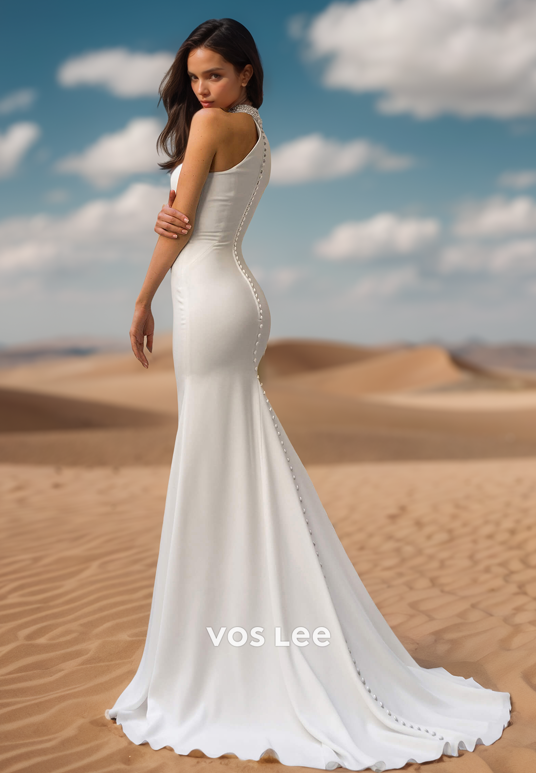 Sexy Mermaid Wedding Dress One Shoulder High Neck Empire with Train Bride Gown