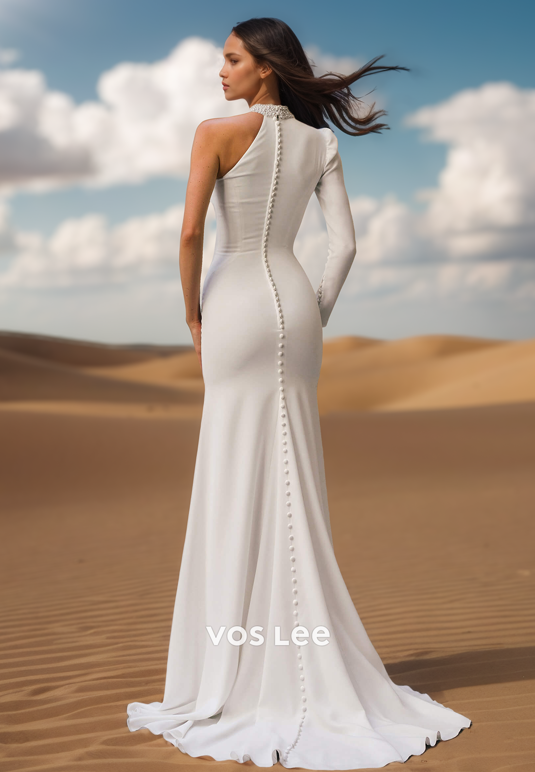 Sexy Mermaid Wedding Dress One Shoulder High Neck Empire with Train Bride Gown