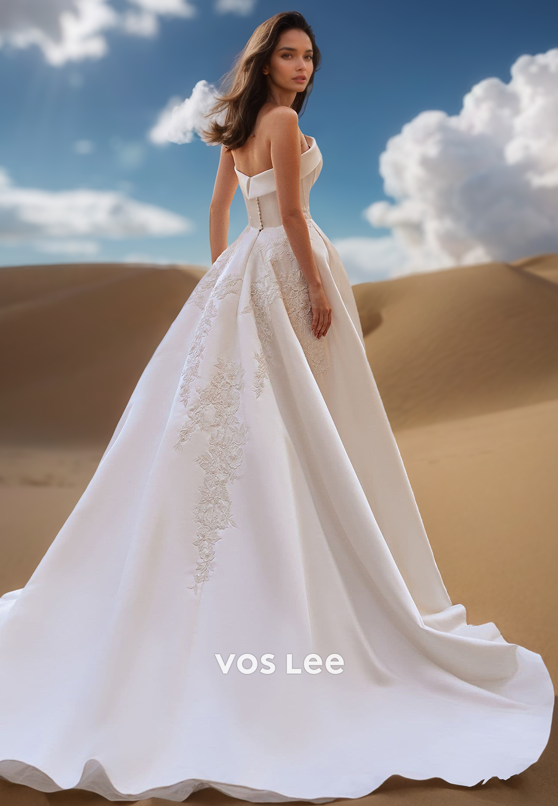 A-Line Tube Top Floral Embroidered Couture Wedding Dresses with Train
