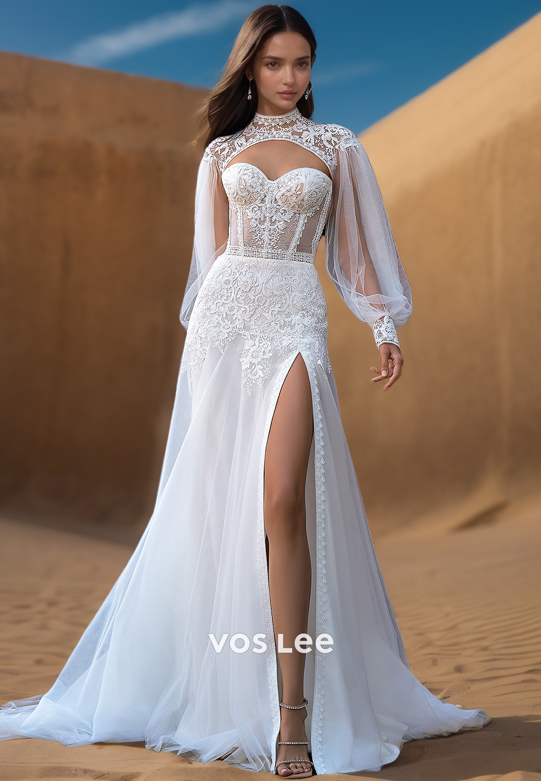 High Neck Long Sleeves Allover Lace Wedding Dresses with High Slit