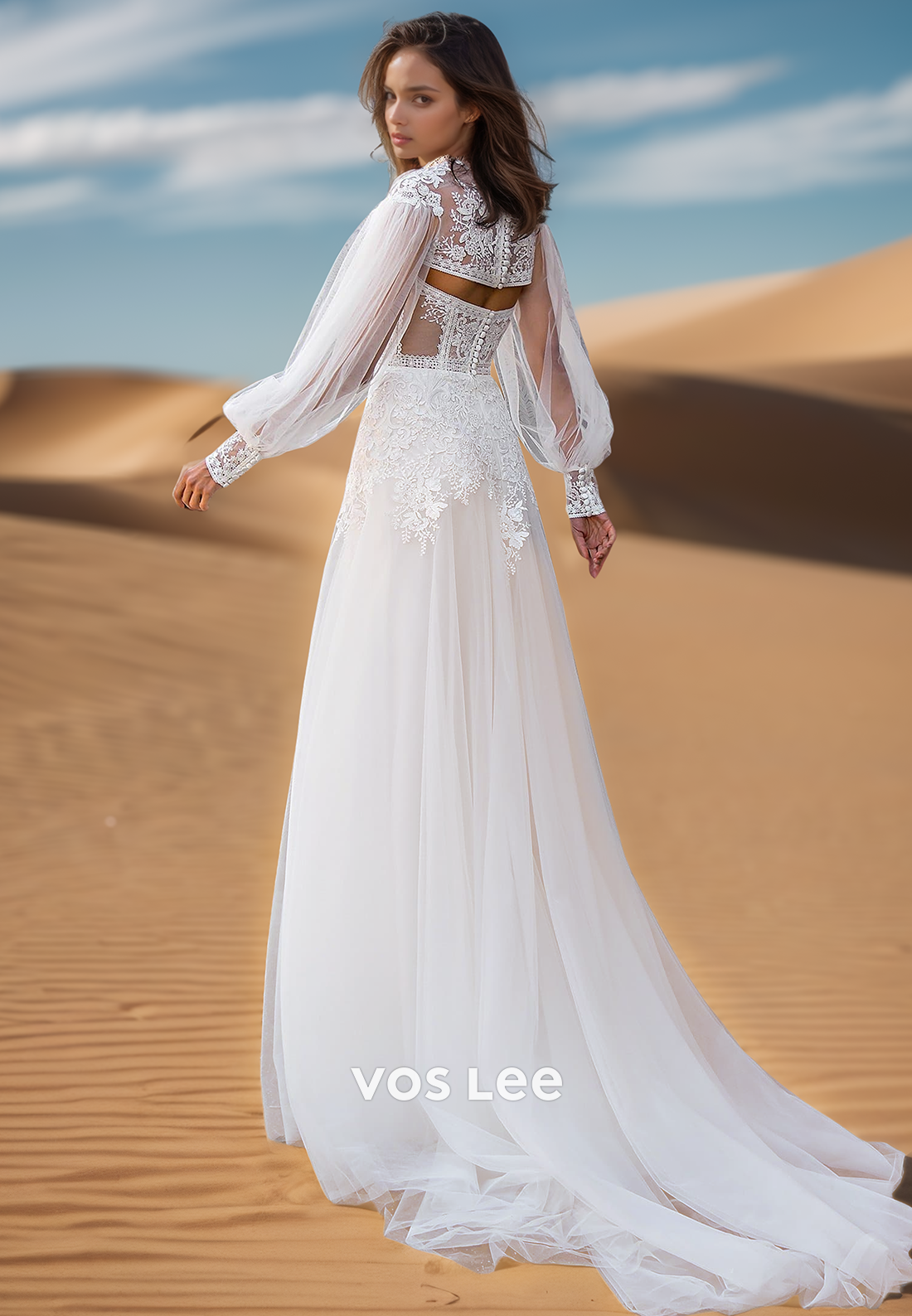 High Neck Long Sleeves Allover Lace Wedding Dresses with High Slit