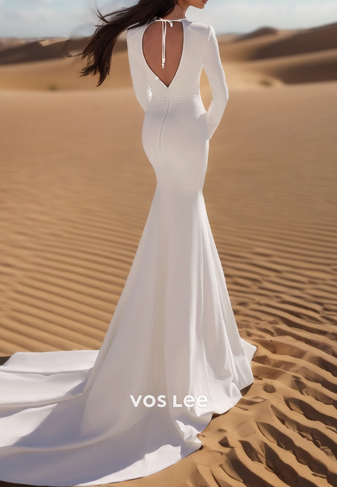 Plunging V-Neck Long Sleeves Pearls Rhinestone Mermaid Wedding Dresses