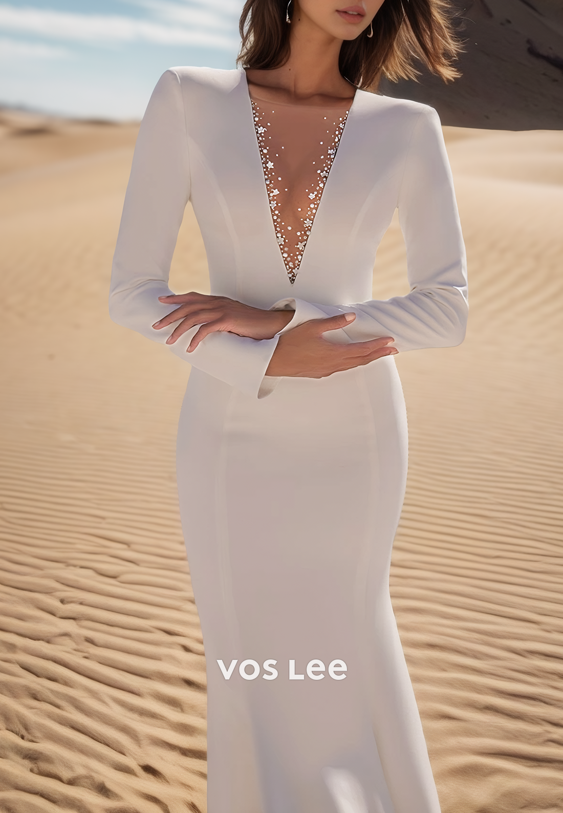 Plunging V-Neck Long Sleeves Pearls Rhinestone Mermaid Wedding Dresses