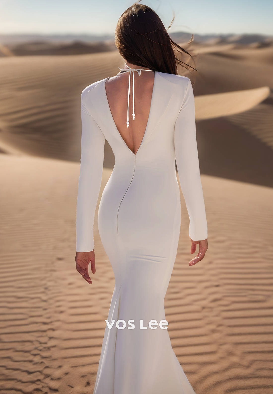 Plunging V-Neck Long Sleeves Pearls Rhinestone Mermaid Wedding Dresses