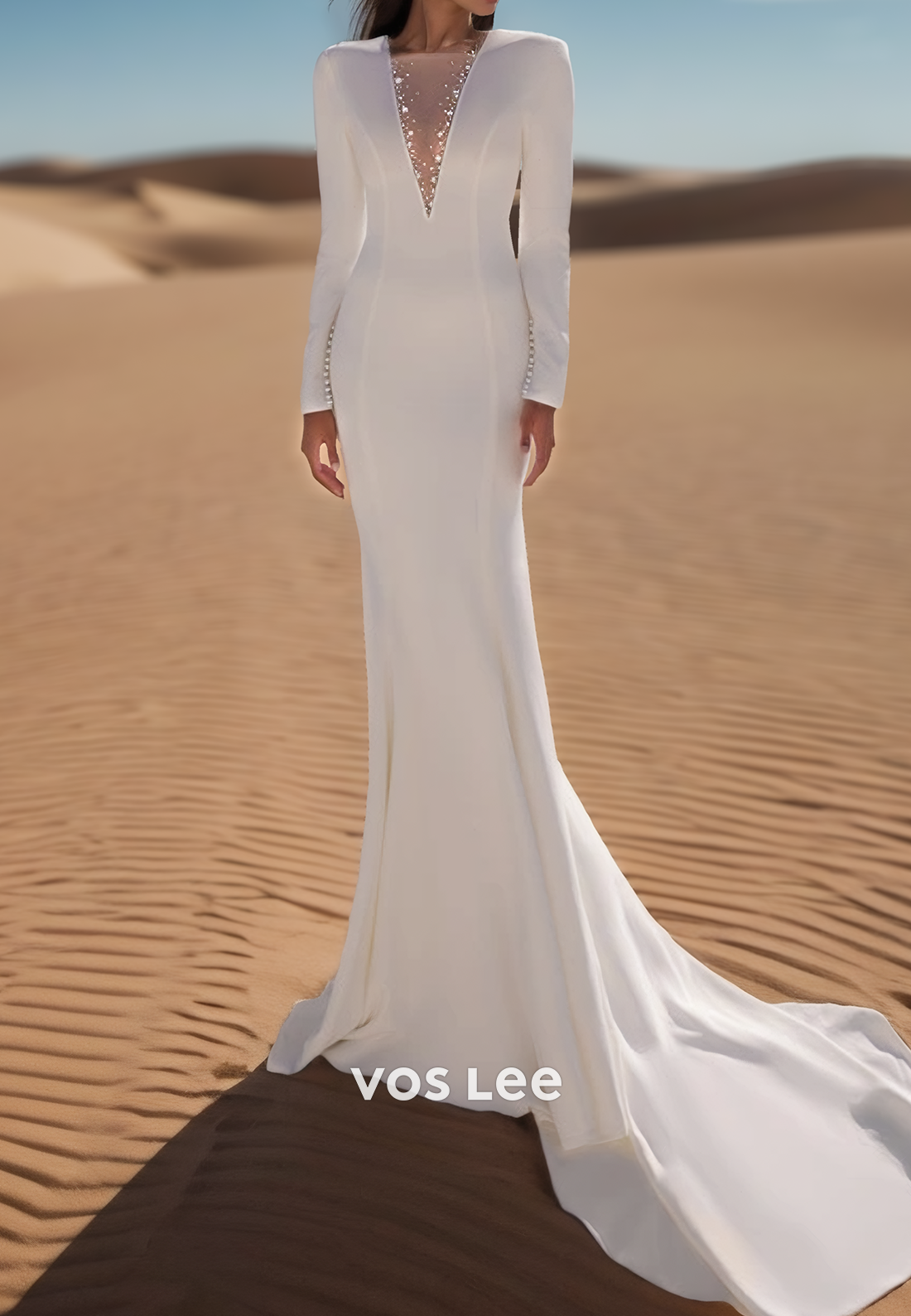 Plunging V-Neck Long Sleeves Pearls Rhinestone Mermaid Wedding Dresses