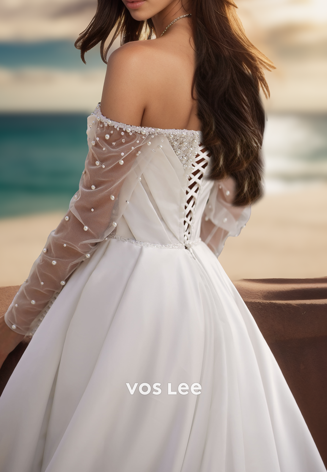 A-Line Long Sleeves Ruched Pearls Sweetheart Wedding Dresses with High Split