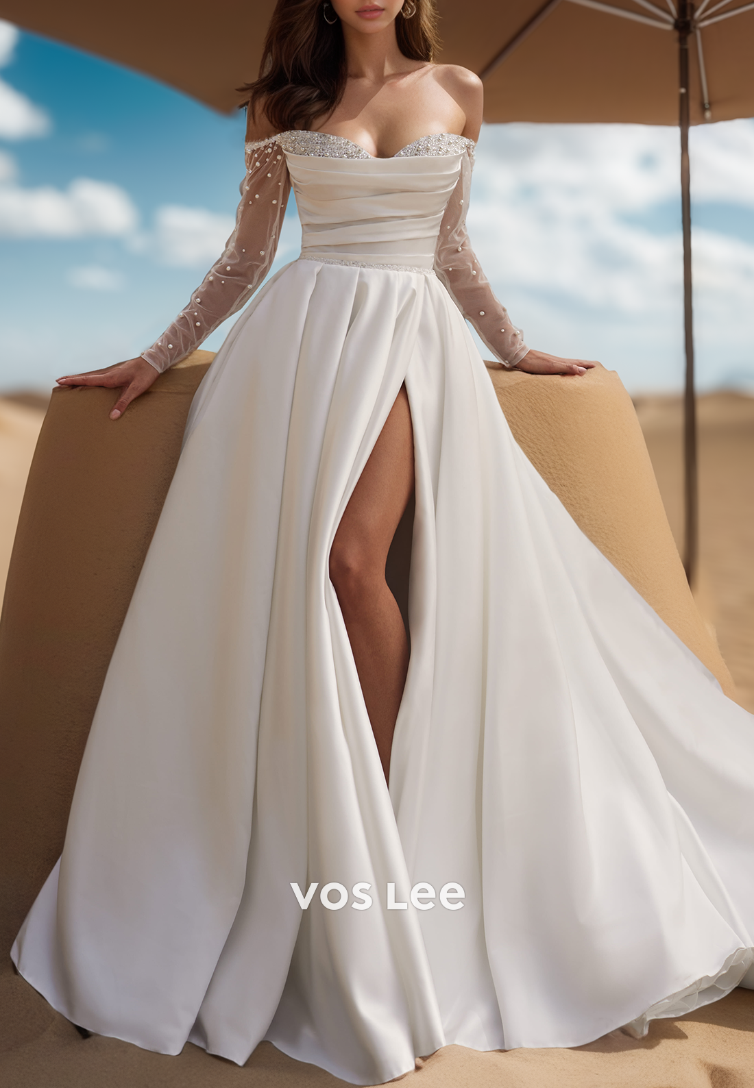 A-Line Long Sleeves Ruched Pearls Sweetheart Wedding Dresses with High Split