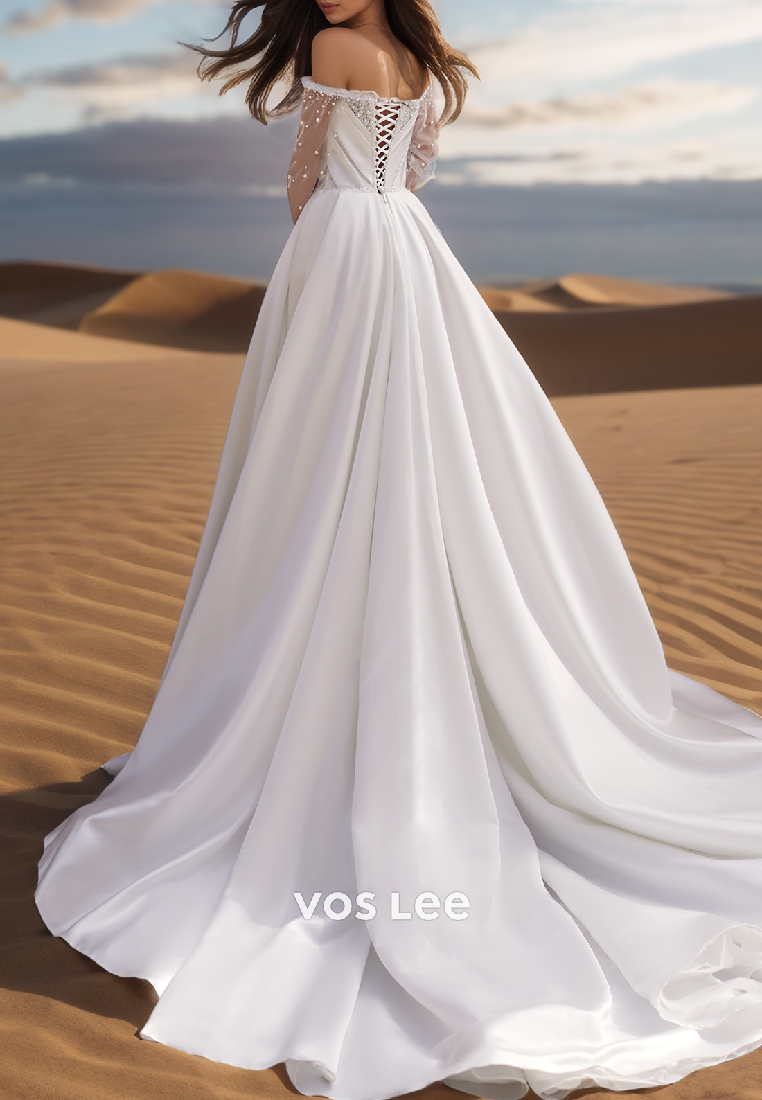 A-Line Long Sleeves Ruched Pearls Sweetheart Wedding Dresses with High Split