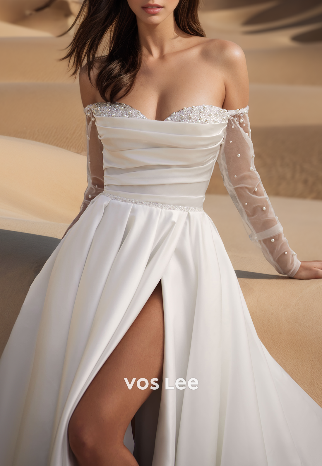 A-Line Long Sleeves Ruched Pearls Sweetheart Wedding Dresses with High Split