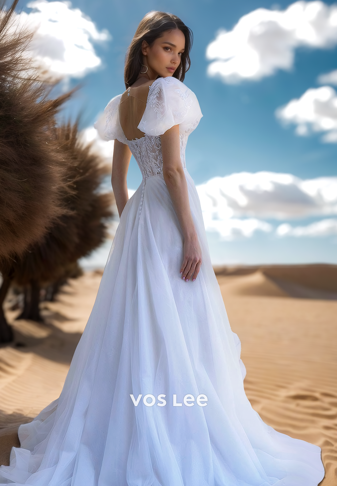 A-Line Organza Lace Applique Beach Wedding Dresses with Court Train