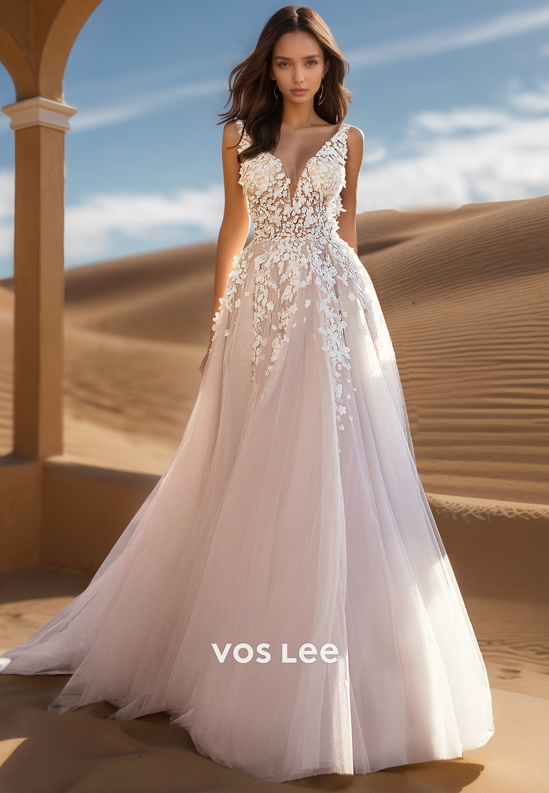 A-Line Plunging V-Neck Lace Floral Applique Beach Wedding Dresses 2025