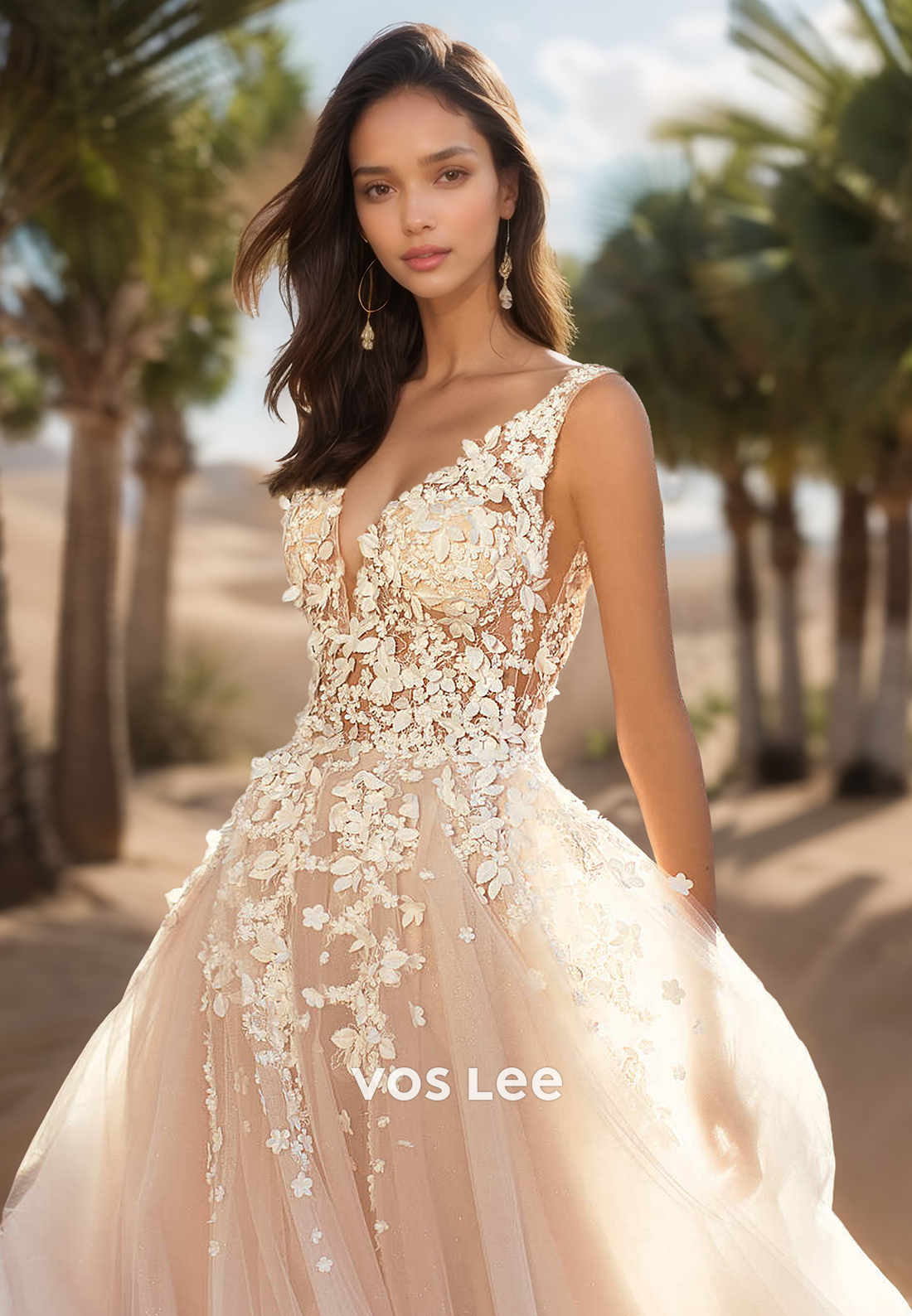 A-Line Plunging V-Neck Lace Floral Applique Beach Wedding Dresses 2025