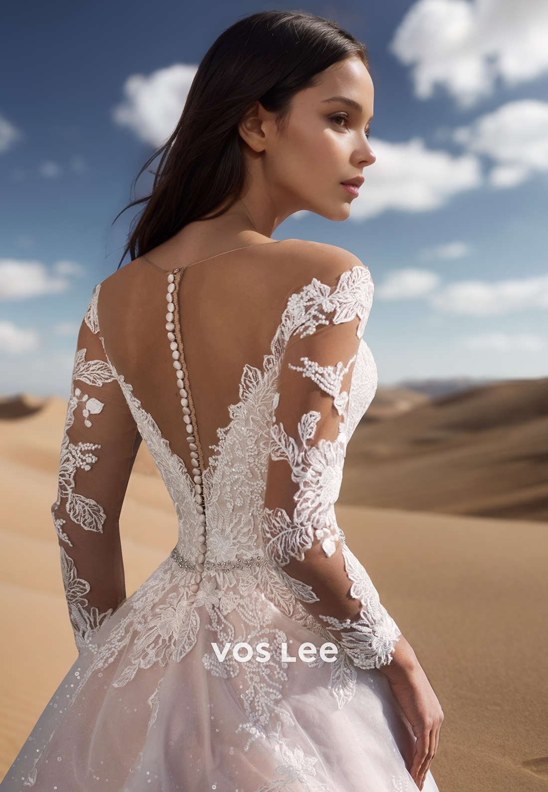 A-Line Allover Lace Applique Rhinestone Organza Beach Wedding Dresses with Train