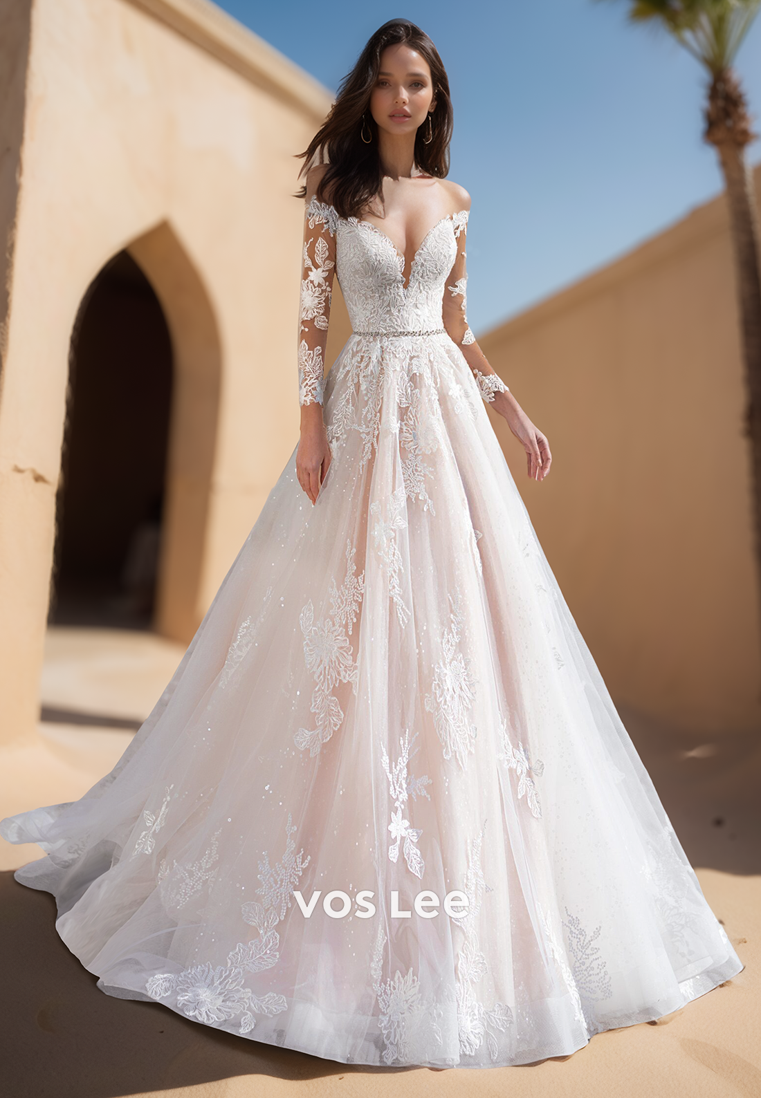 A-Line Allover Lace Applique Rhinestone Organza Beach Wedding Dresses with Train