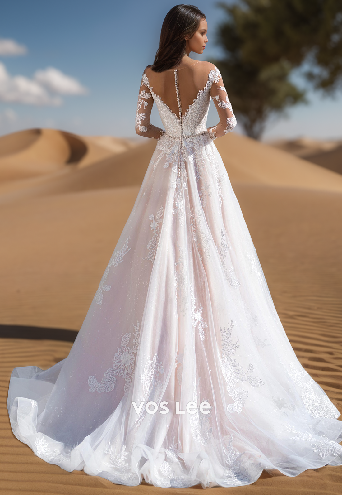 A-Line Allover Lace Applique Rhinestone Organza Beach Wedding Dresses with Train