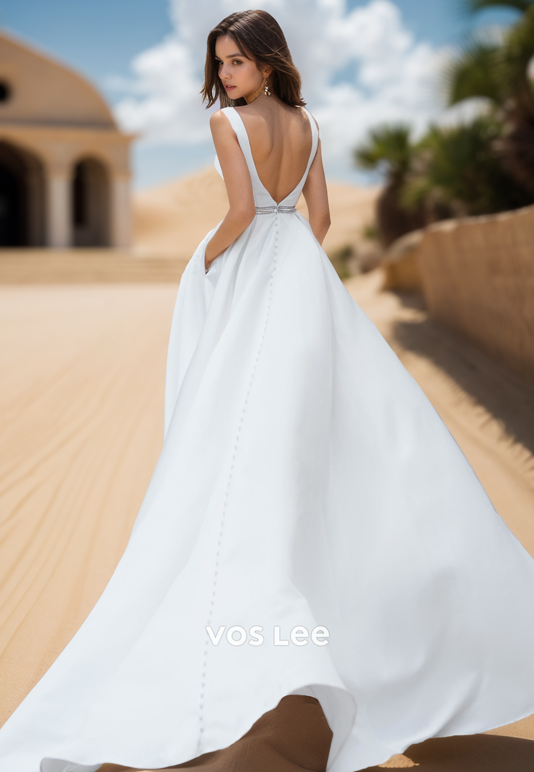 A-Line Straps Pockets Simple Beach Wedding Dresses with Sweep Train