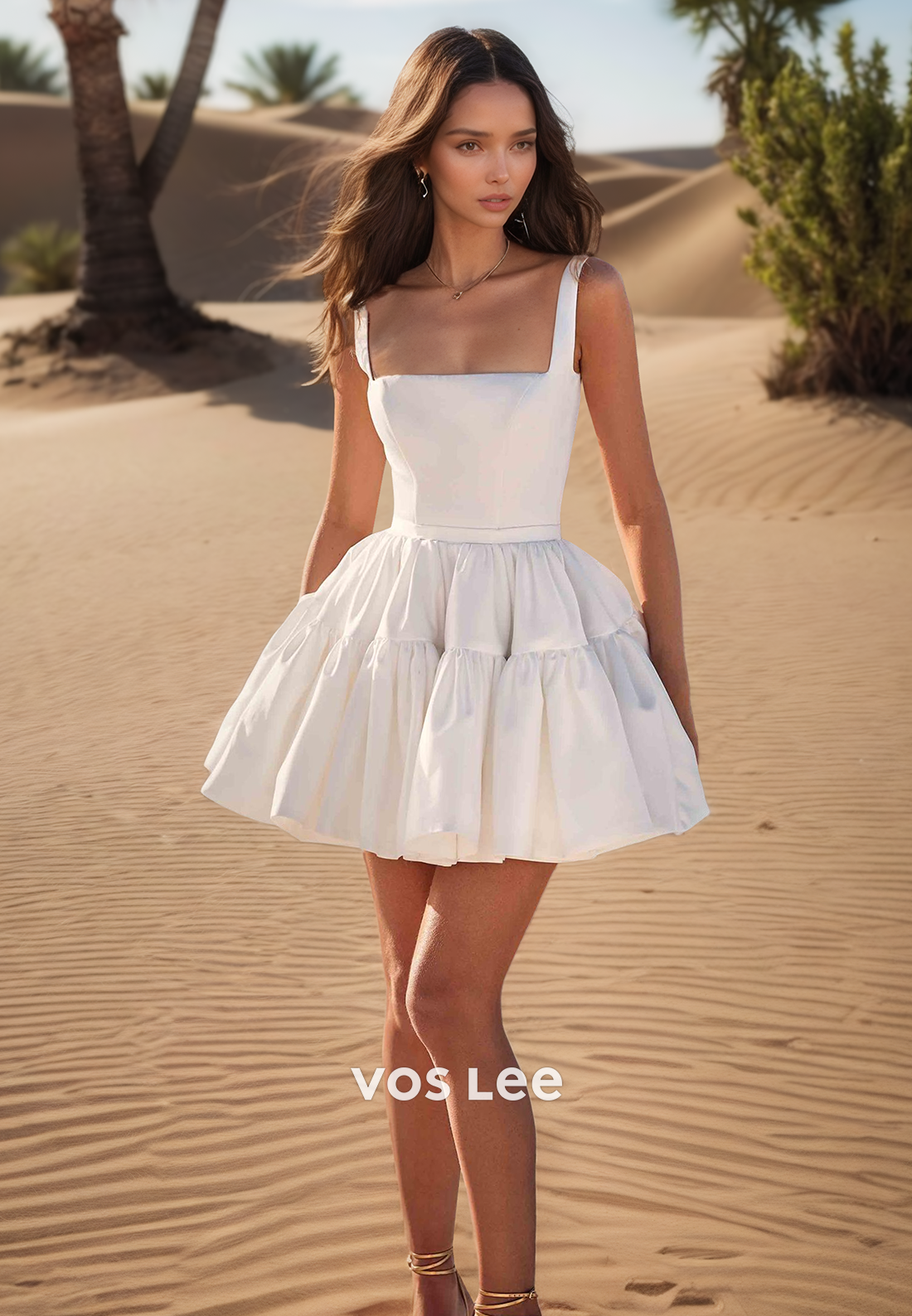 A-Line Above-Knee Square Short Tiered Couture Beach Wedding Dresses