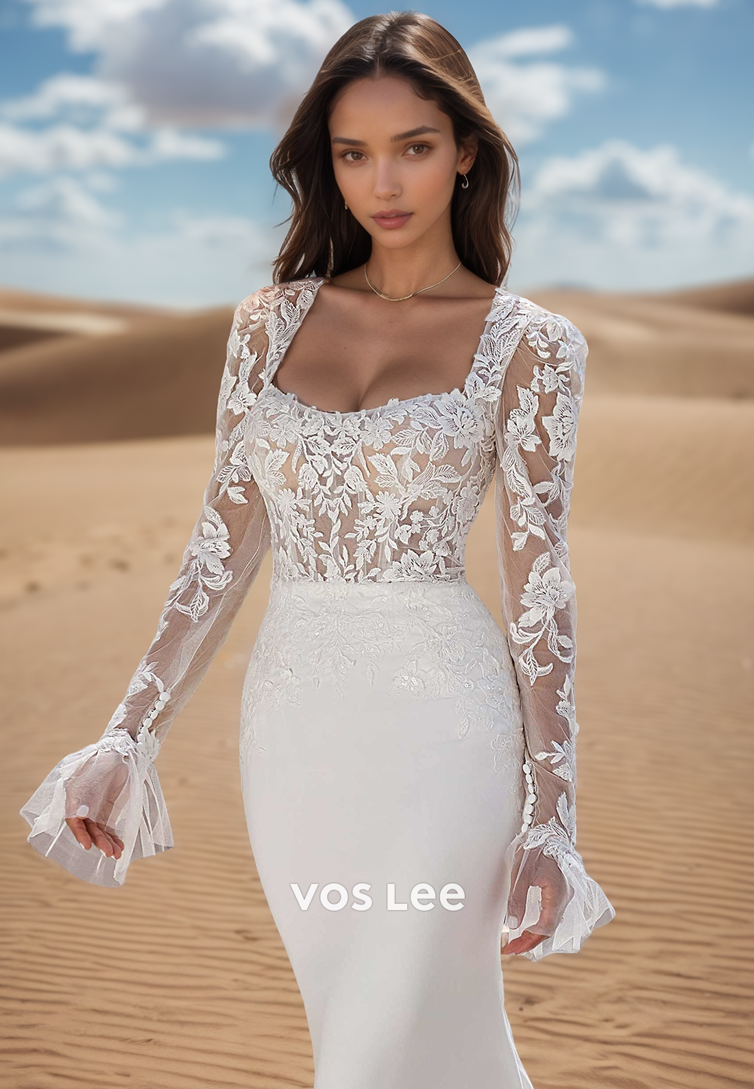 Long Sleeves Lace Floral Applique Mermaid Beach Wedding Dresses with Sweep Train