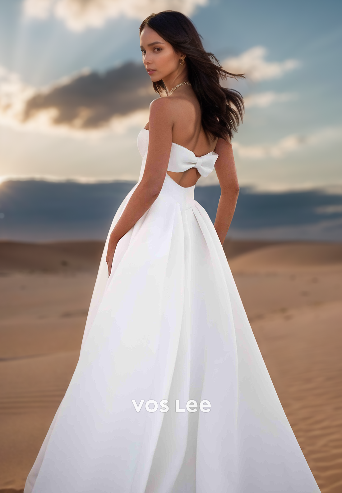 A-Line Bowknot Strapless Maxi Wedding Dresses with Court Train