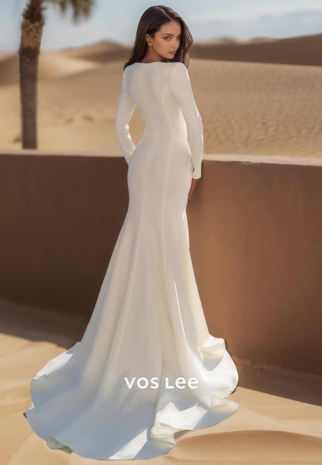 Fashion Long Sleeves Low V-Neck Mermaid Wedding Dresses with Brush Train
