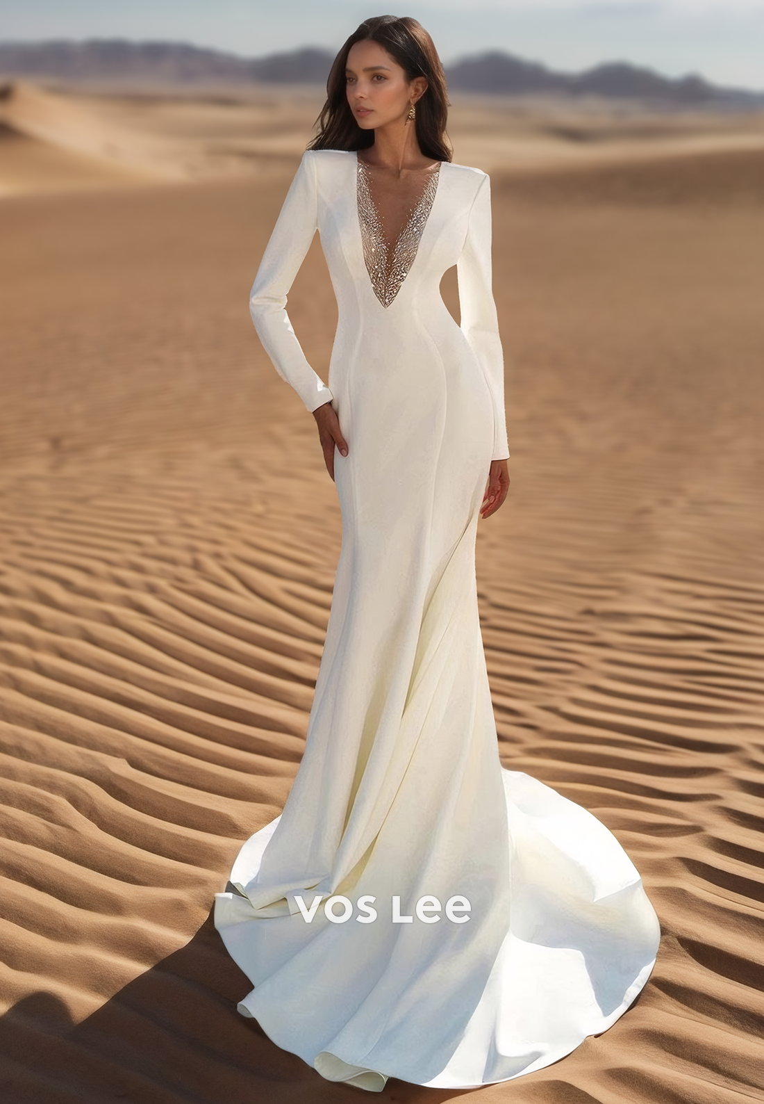 Fashion Long Sleeves Low V-Neck Mermaid Wedding Dresses with Brush Train