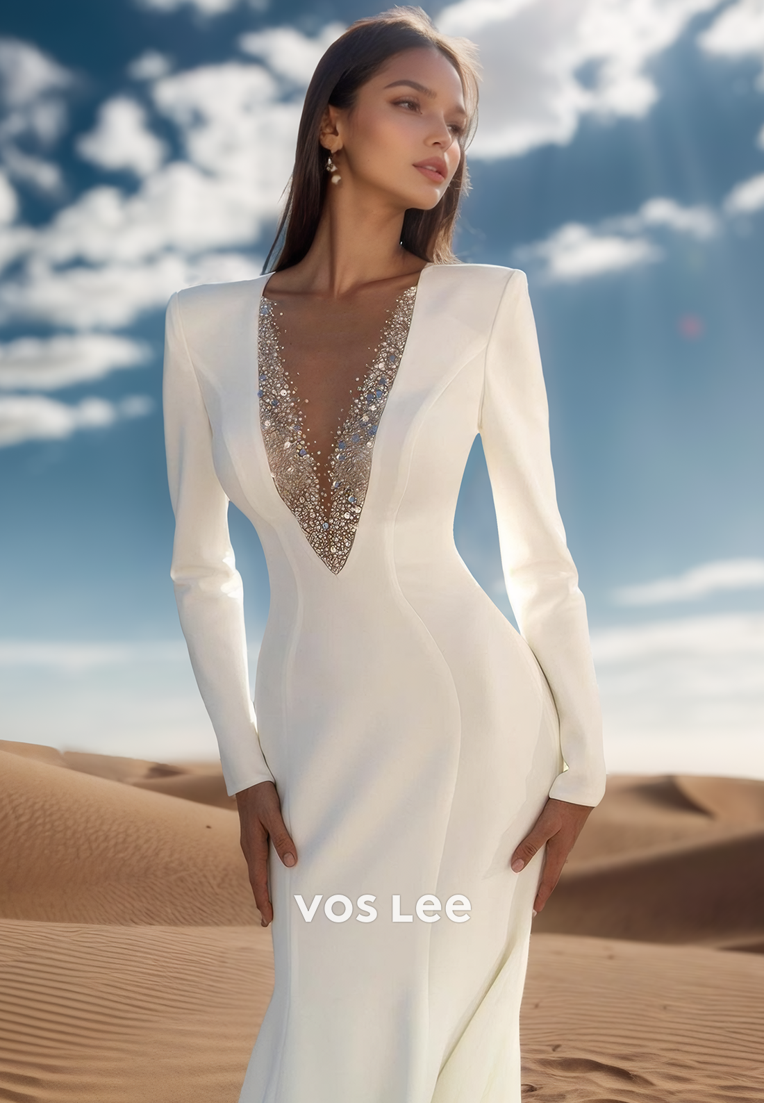 Fashion Long Sleeves Low V-Neck Mermaid Wedding Dresses with Brush Train