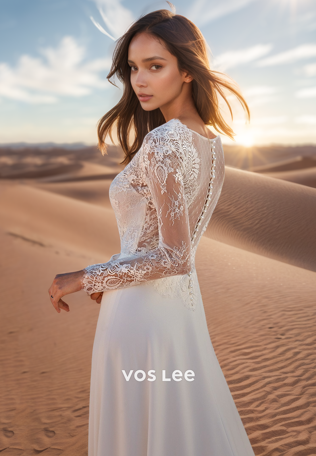 A-Line Low V-Neck Lace Applique Long Sleeves Wedding Dresses with Sweep Train
