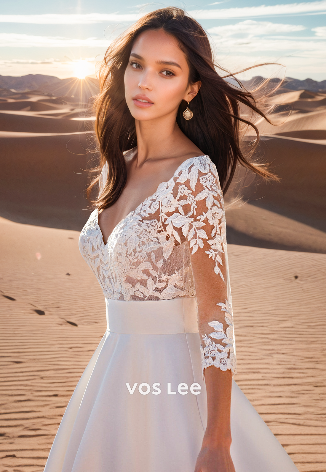 A-Line V Neck Lace Applique Quarter Sleeve Wedding Dresses With Train